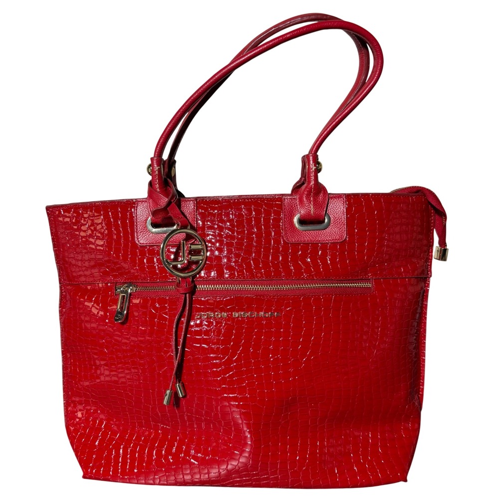 Jorge Bischoff Red Croc Embossed Patent Leather Tote Bag Gold Hardware